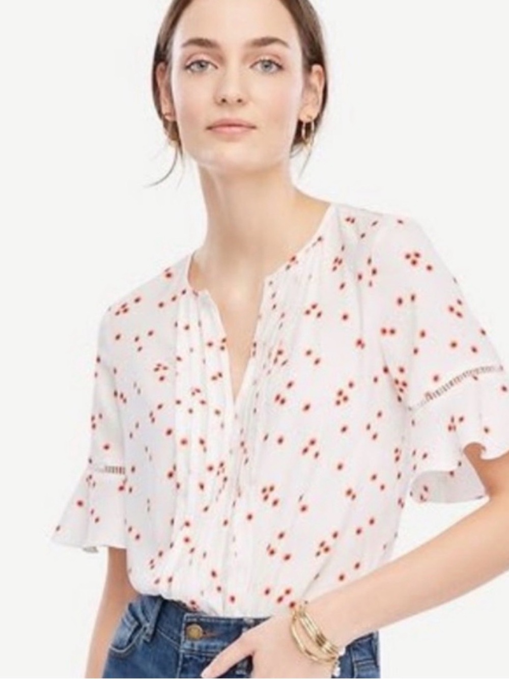 Ann Taylor Pin-tuck Floral Print Flutter Sleeve Blouse Top M